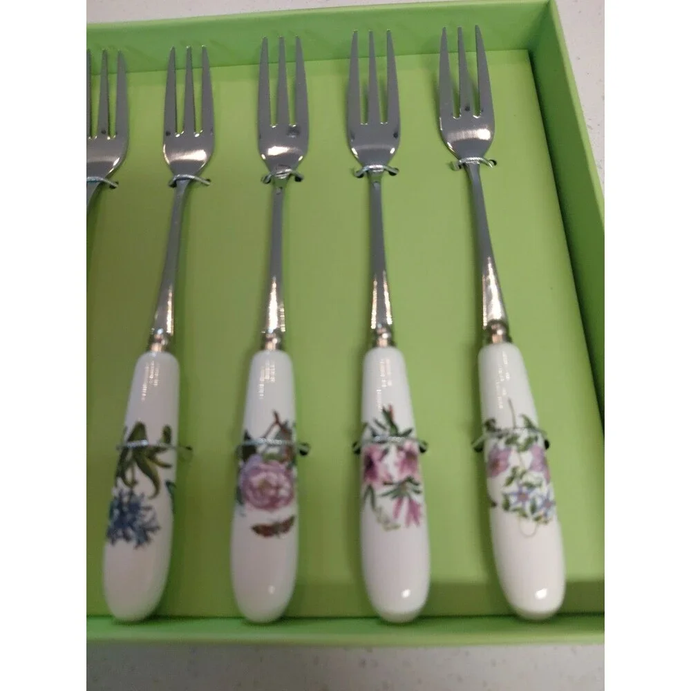 Portmeirion Botanic Garden Set of 6 Porcelain Pastry Forks NEW (box broken)